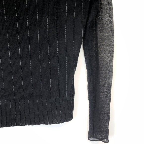 Magaschoni Black Ribbed Turtleneck Sweater Beaded Stripes Semi-Sheer Size S - Picture 7 of 9